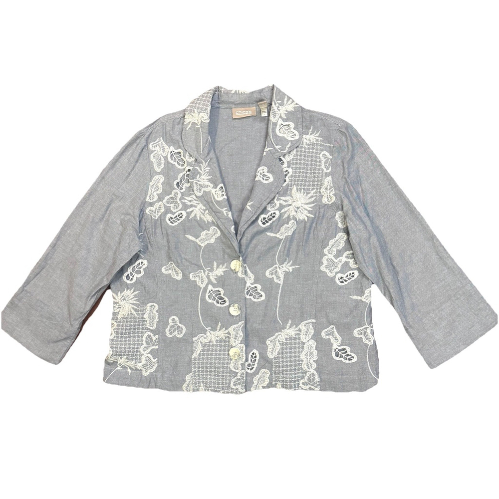 Chico’s Chambray Embroidered Courdelle Jacket Blouse Size:3(L) Cotton Light Blue